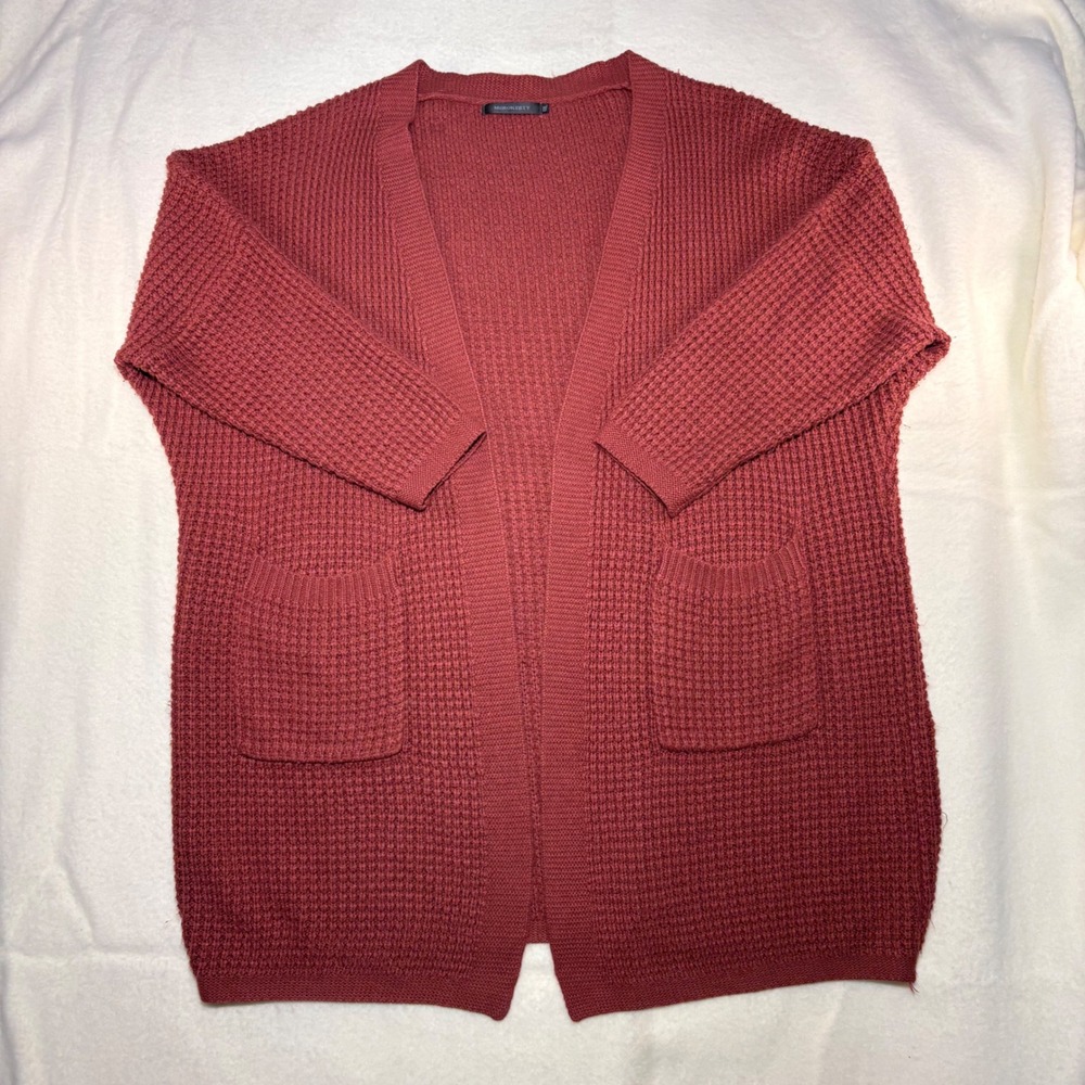 Merokeety Rust Orange Waffle Knit Open Front Cardigan Sweater XXL Overszd Pocket